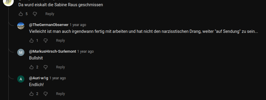 YouTube Kommentar Bereich mit einem Wortwitz. Zitat: "Da wurd eiskalt die Sabine Rau s geschmissen." Darunter 3 Antwort Kommentare, die den Witz nicht verstehen.